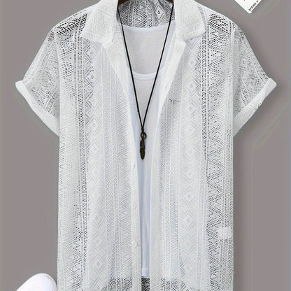 Men's Casual Lapel Button-Up Shirt - Geometric Print, Short Sleeve Summer Style - Buy Center US