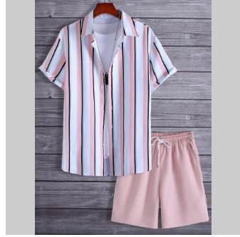 Buycenter Men’s Black and White Striped Hawaiian Shirt Set - Casual Summer Wear - Buy Center US