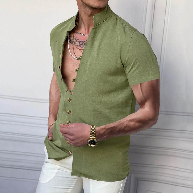 Buycenter Linen Button Stand Collar Shirt - Short Sleeve, Loose Fit - Buy Center US