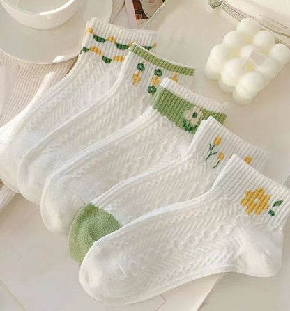 Cute Women's Summer Mid-Calf Socks - Flower & Stripe Patterns, 5 Pairs - Buy Center US