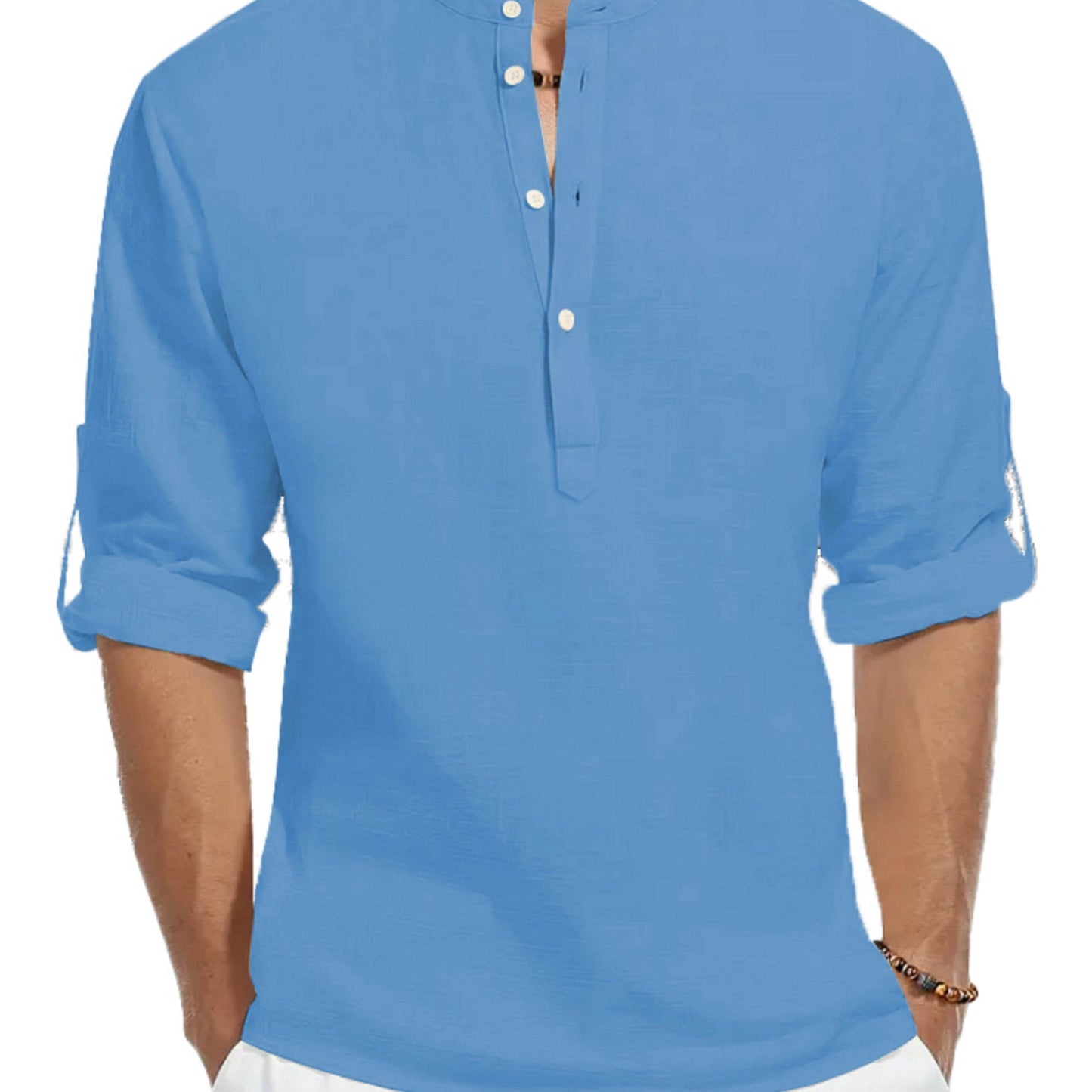 Men's 100% Cotton Long Sleeve Shirt - Casual Solid Color Stand Collar - Buy Center US