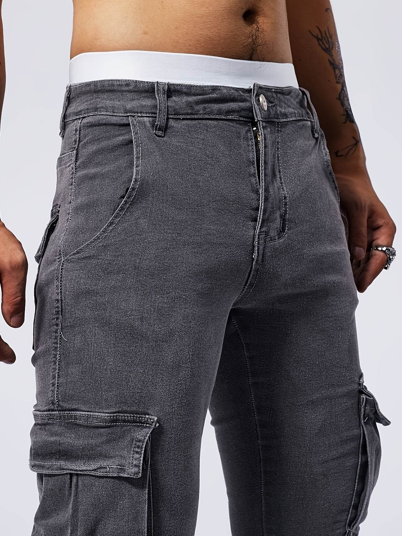 Men's Slim-Fit Denim Cargo Pants - Stretch, Multi-Pocket, Trendy Style - Buy Center US