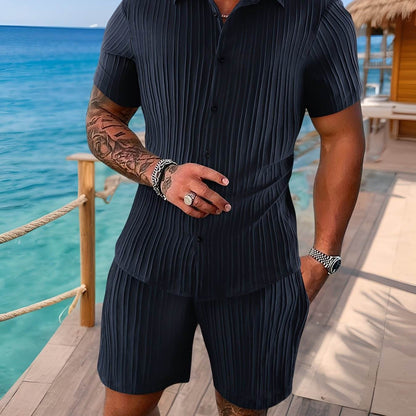 Stylish Summer White French Striped Suit for Men - Short Sleeve & Pants - Buy Center US