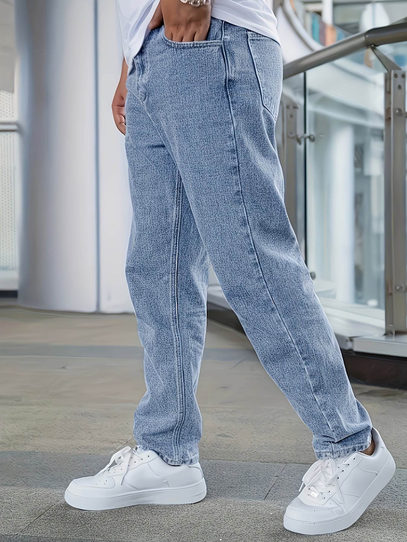 Men's Denim Jeans - Fashionable Light Blue Straight-Leg Style with Pockets - Buy Center US