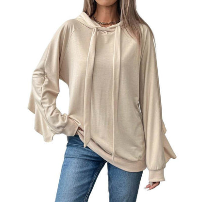 Apricot Drawstring Ruffled Hoodie - Thin Women’s Sweater, Loose Fit - Buy Center US
