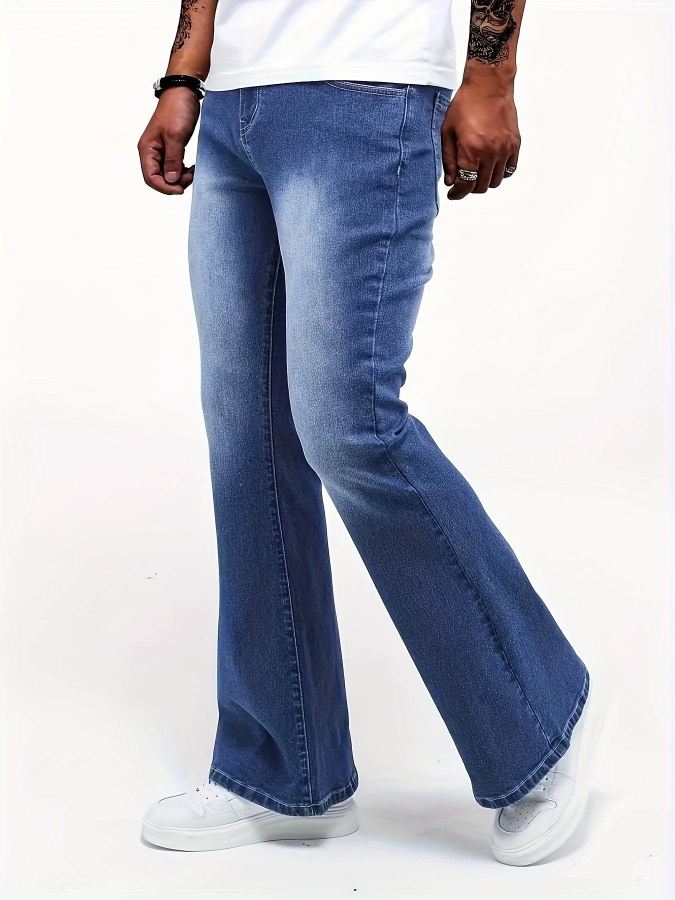 Men's Stretch Flare Jeans - Extra Long Washed Blue Casual Fit Denim - Buy Center US