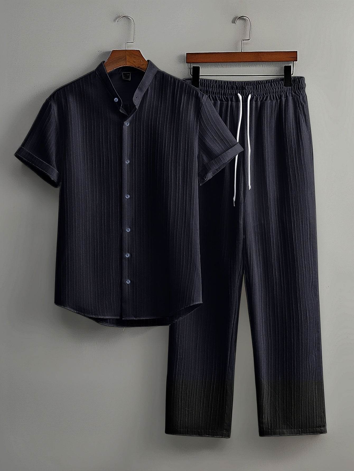Men's Summer Striped Suit Set - Short Sleeve Shirt & Drawstring Pants - Buy Center US