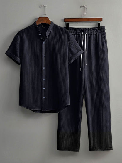 Men's Summer Striped Suit Set - Short Sleeve Shirt & Drawstring Pants - Buy Center US