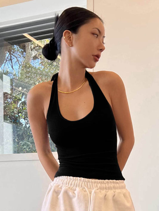 DAZY Backless Halter Top – Casual Crop Top in White Rib-Knit - Buy Center US