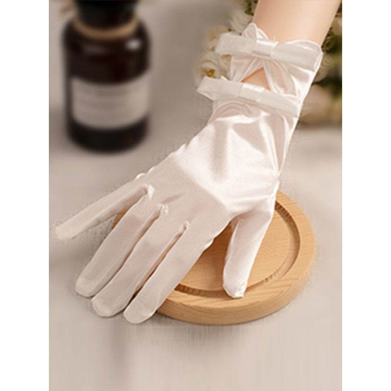 White Satin Short Gloves with Lace & Pearl - Elegant Fashion Accessory - Buy Center US