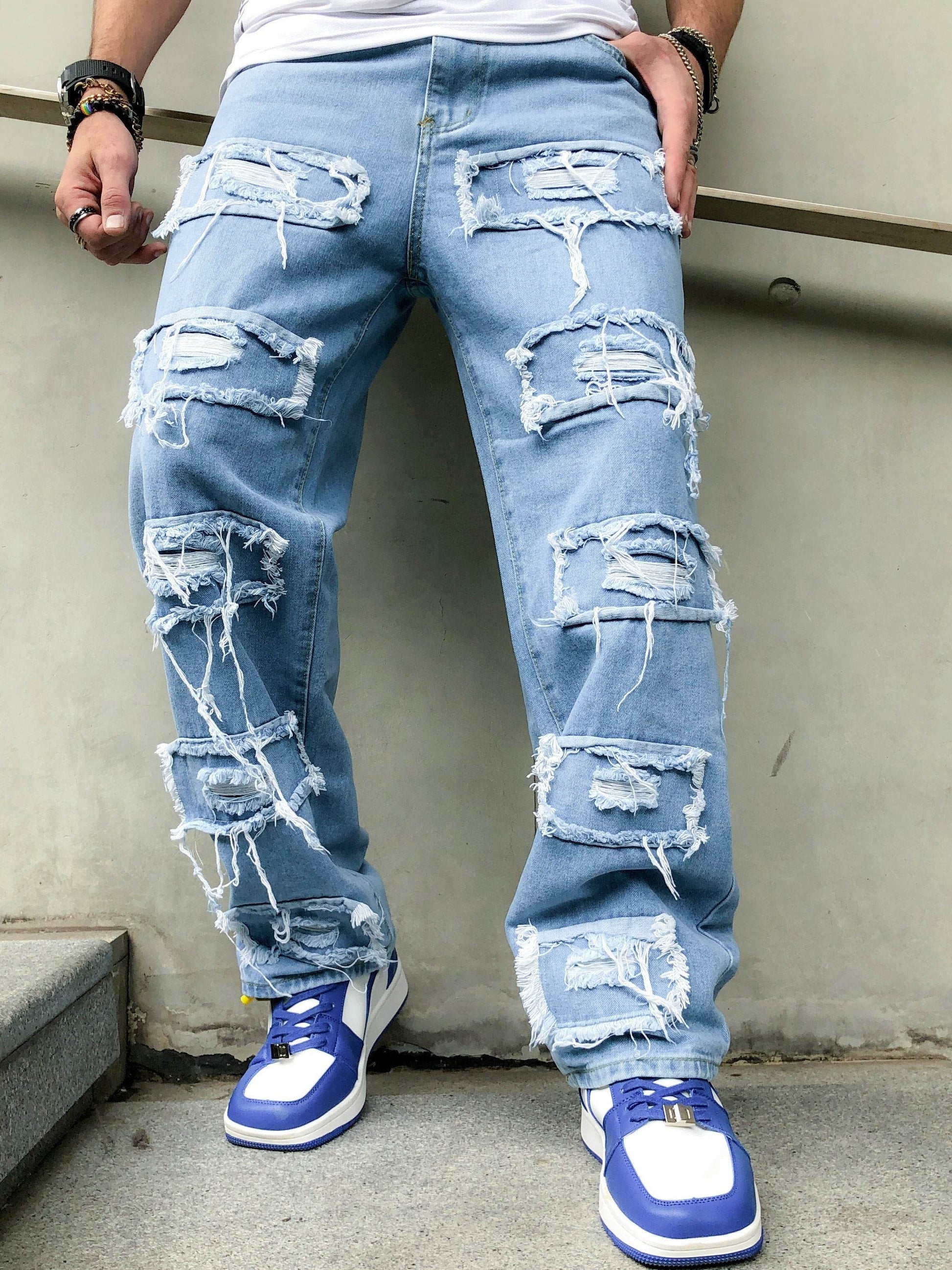 Men's Distressed Skinny Fit Jeans - Light Blue All-Season Casual Denim - Buy Center US