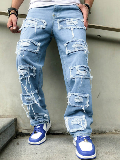 Men's Distressed Skinny Fit Jeans - Light Blue All-Season Casual Denim - Buy Center US