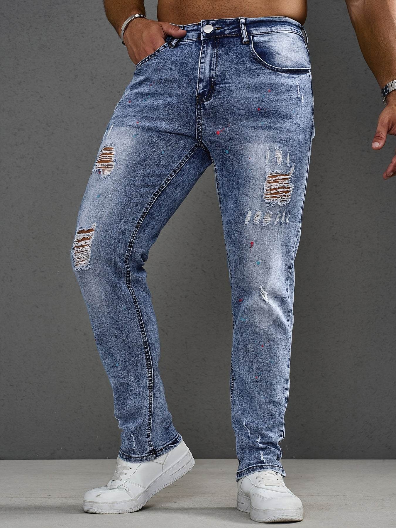 Men's Distressed Skinny Jeans - Stretchy Casual Pants with Frayed Hem - Buy Center US
