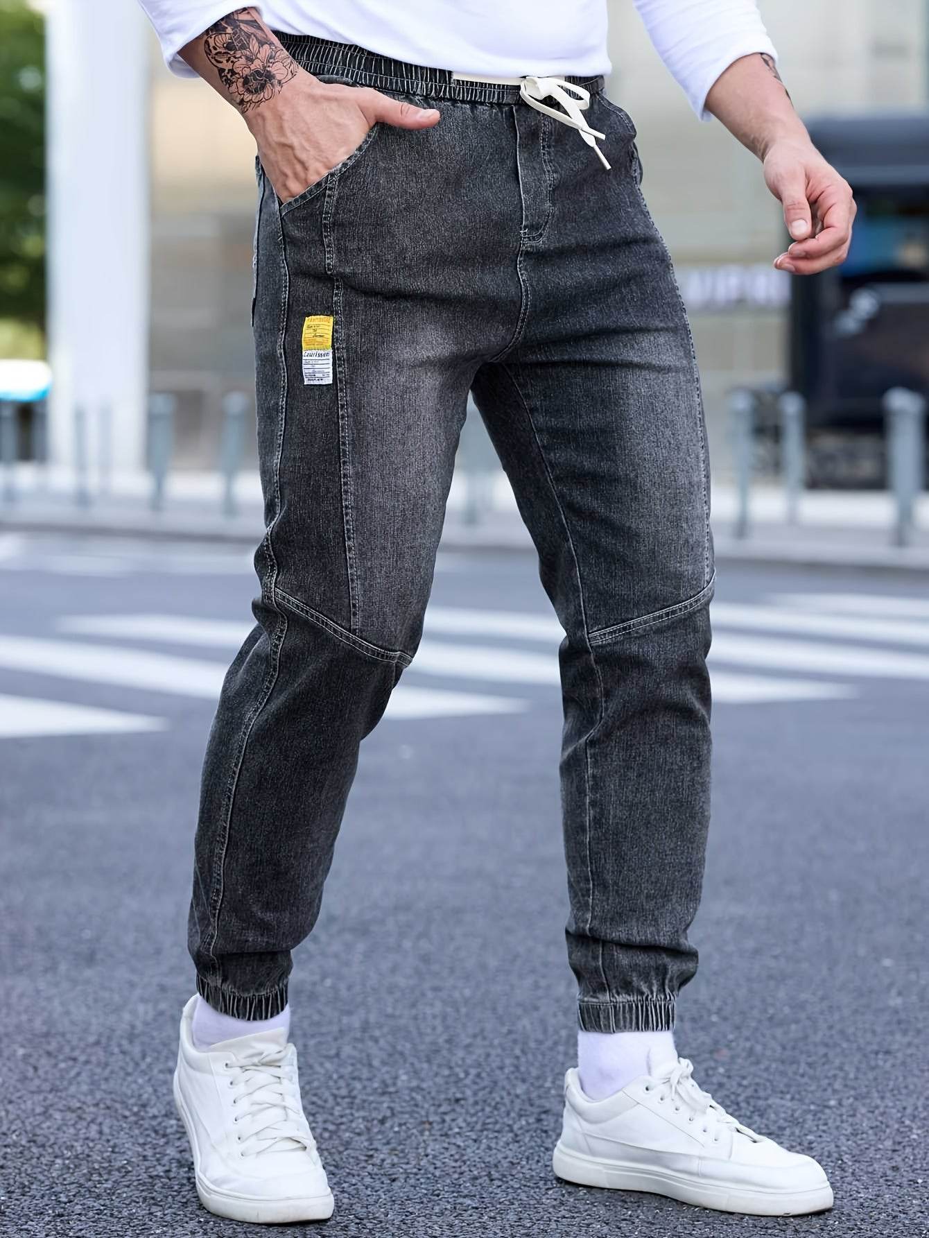 Men's Cropped Denim Pants with Pockets - Casual Drawstring Cotton Blend - Buy Center US