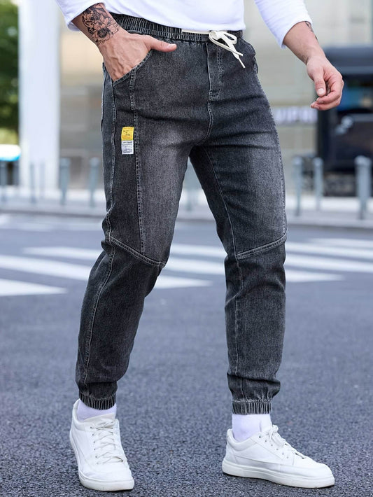 Men's Cropped Denim Pants with Pockets - Casual Drawstring Cotton Blend - Buy Center US