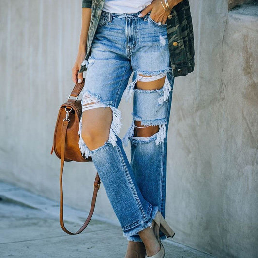 Ripped Foot Burr Straight Pants - Denim Blue Cotton - Casual Style - Buy Center US