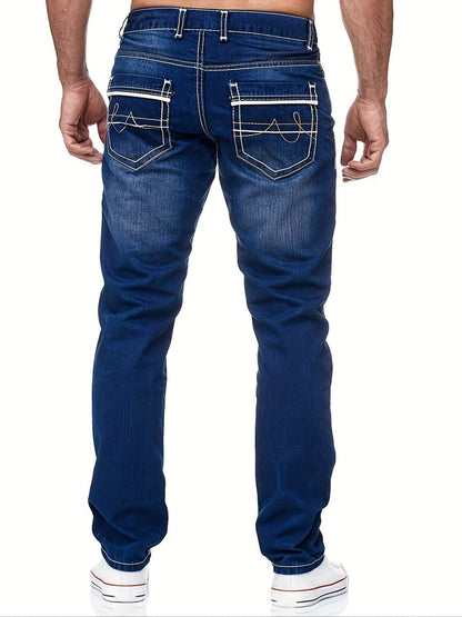 Men's Slim-Fit Stretch Denim Jeans - Embroidered Pocket in Dark Blue - Buy Center US