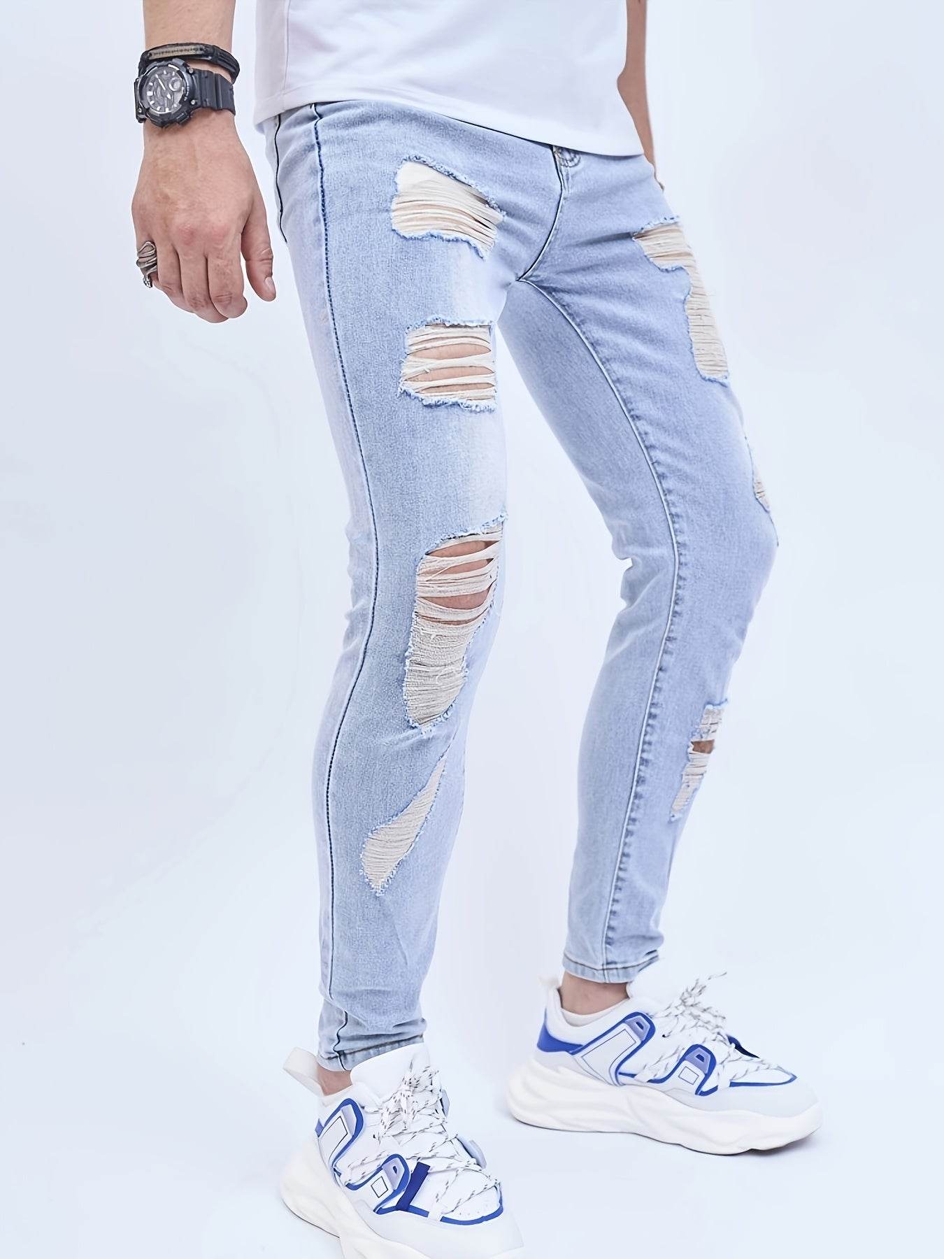 Men's Ripped Skinny Jeans - Medium Stretch Denim for Spring/Fall - Buy Center US