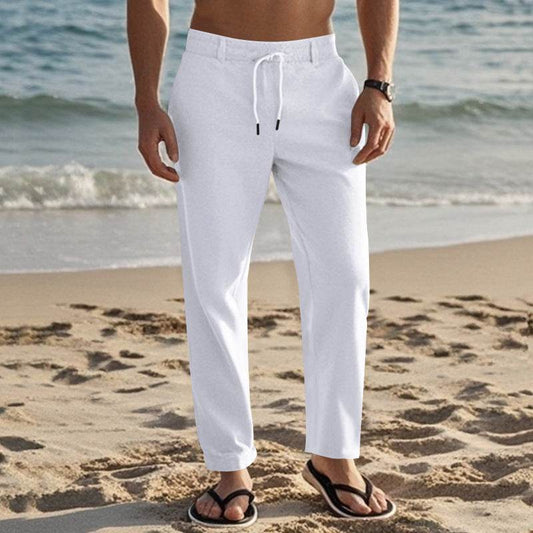 Men's Casual Solid Color Cotton Linen Trousers - Drawstring & Straight-Leg - Buy Center US