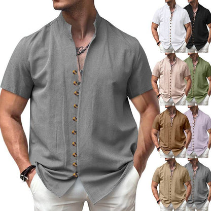 Buycenter Linen Button Stand Collar Shirt - Short Sleeve, Loose Fit - Buy Center US