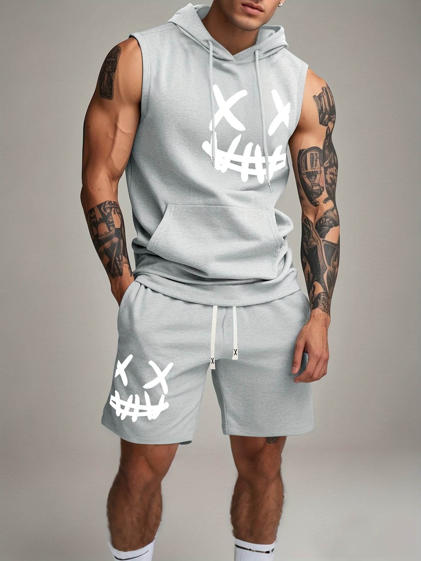 Men's Casual Hooded Tank Top & Shorts Set - Skull Print Summer Sportswear - Buy Center US