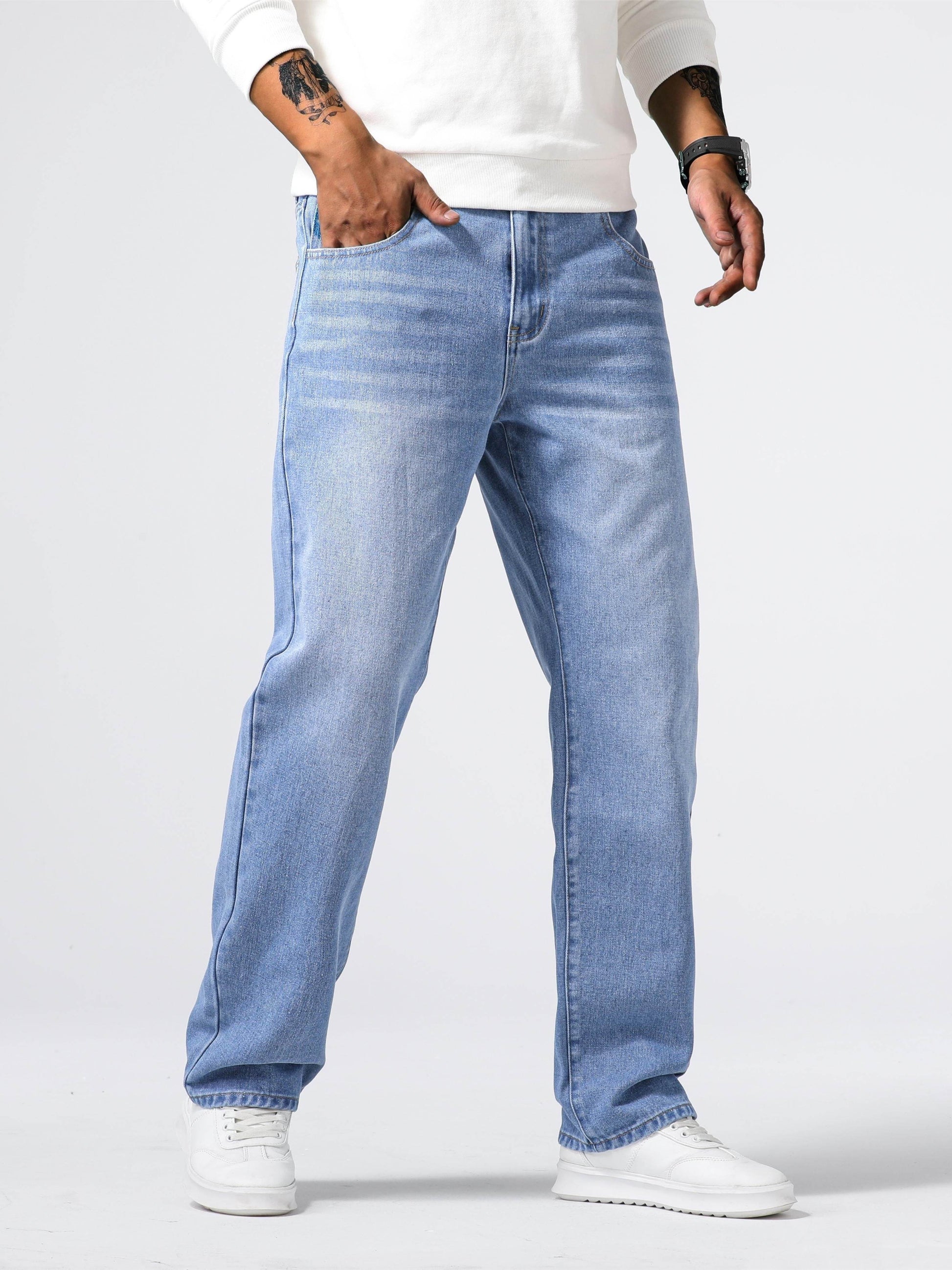 Men's Loose Fit Straight Leg Jeans - 85% Cotton Casual Denim Style - Buy Center US