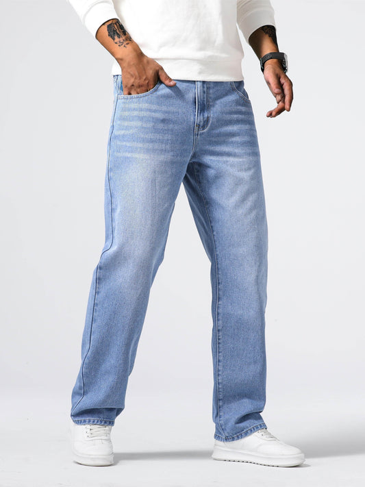 Men's Loose Fit Straight Leg Jeans - 85% Cotton Casual Denim Style - Buy Center US