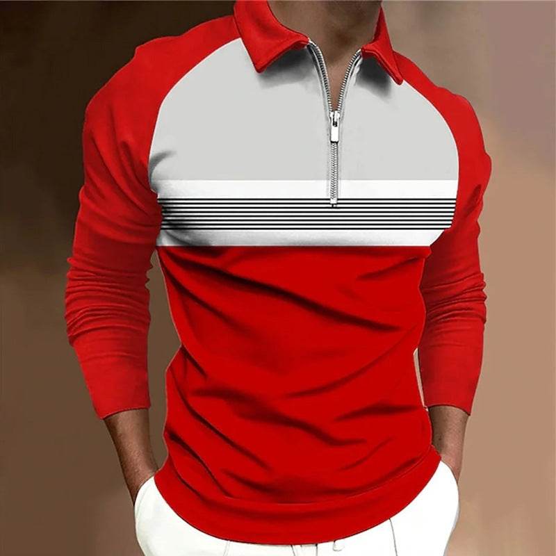 Men's Long Sleeve Color Matching Polo Shirt with Zipper - Casual Fashion - Buy Center US