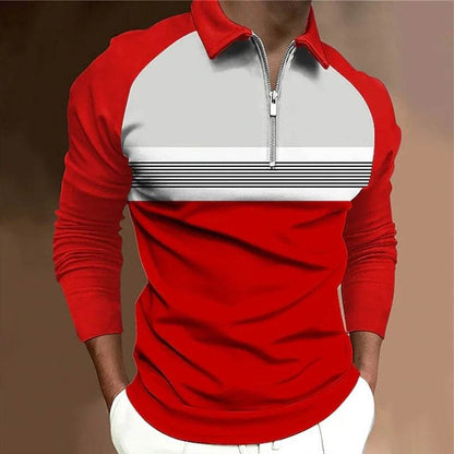 Men's Long Sleeve Color Matching Polo Shirt with Zipper - Casual Fashion - Buy Center US