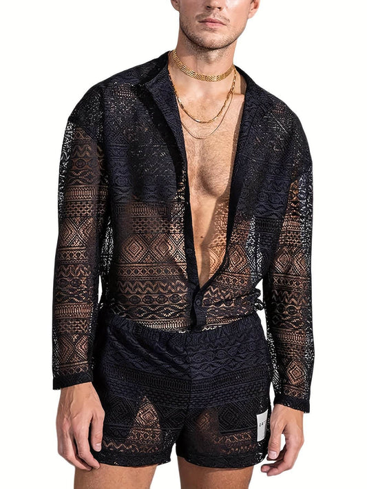 Men's Lace Sheer 2-Piece Shirt and Shorts Set - Sexy Summer Outfit - Buy Center US