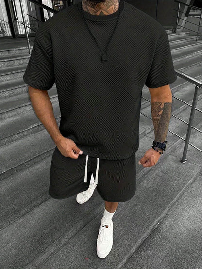 Men's Summer Houndstooth Knitted T-Shirt & Shorts Set - Casual Sports Outfit - Buy Center US
