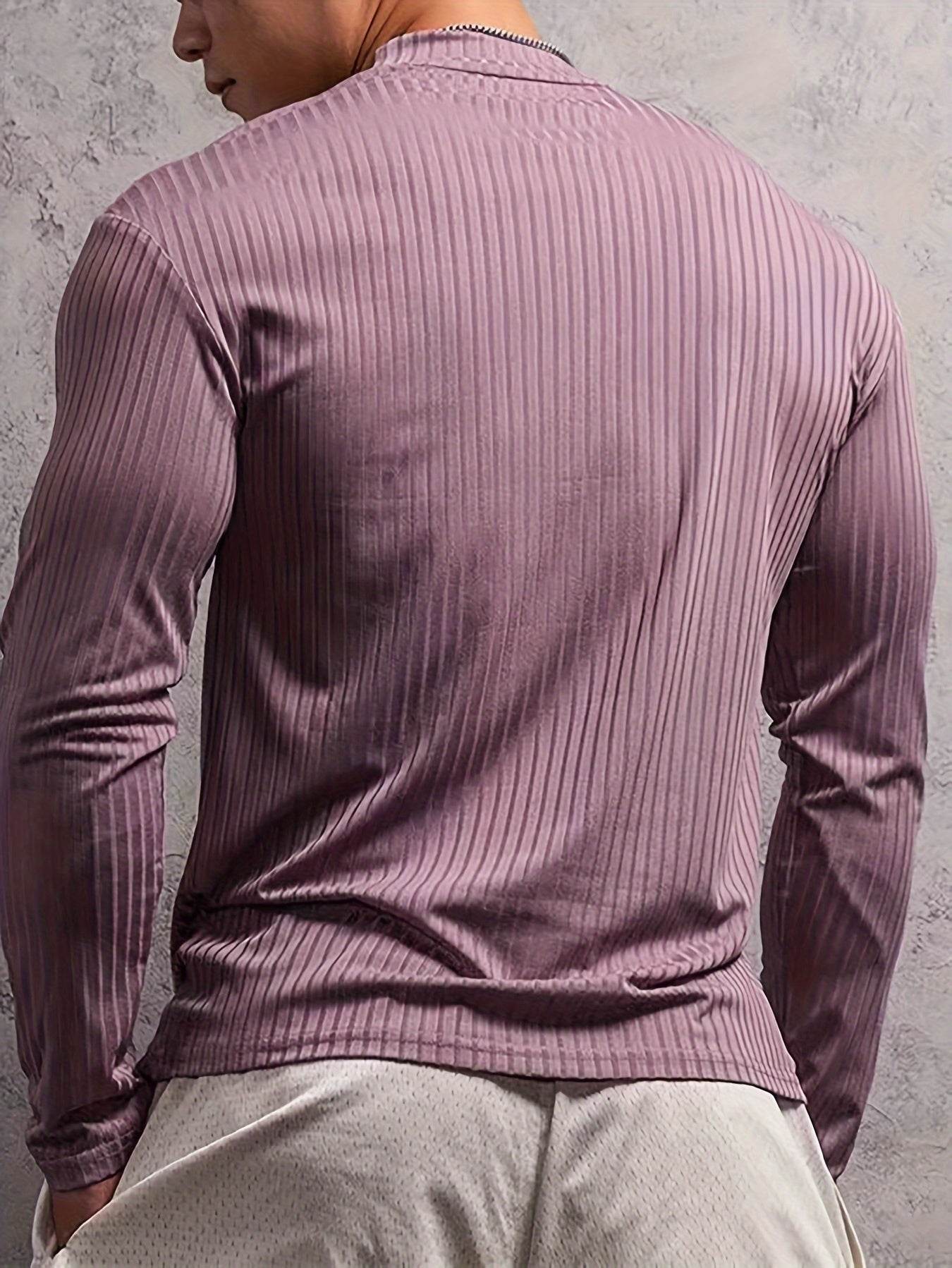 Solid Stripe Knit Turtle Neck T-shirt - Comfy Long Sleeve for Men's Fitness - Buy Center US