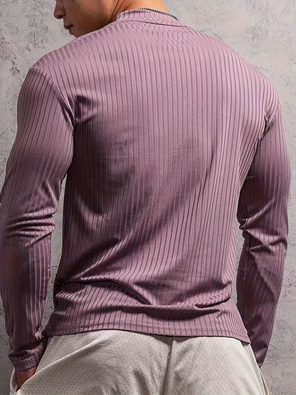 Solid Stripe Knit Turtle Neck T-shirt - Comfy Long Sleeve for Men's Fitness - Buy Center US