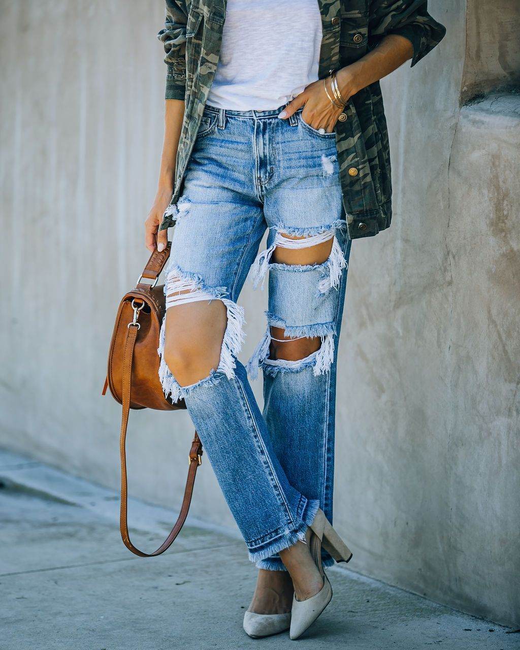 Ripped Foot Burr Straight Pants - Denim Blue Cotton - Casual Style - Buy Center US