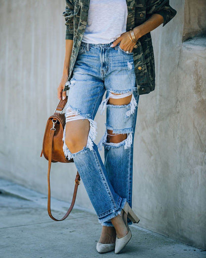 Ripped Foot Burr Straight Pants - Denim Blue Cotton - Casual Style - Buy Center US
