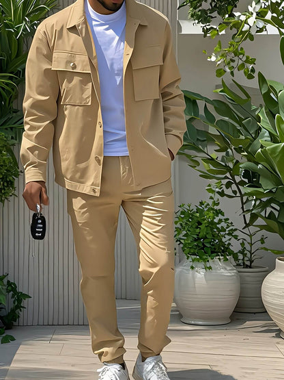 2025 Men's Workwear Set - Solid Long Sleeve, Multiple Pockets for Casual Wear - Buy Center US