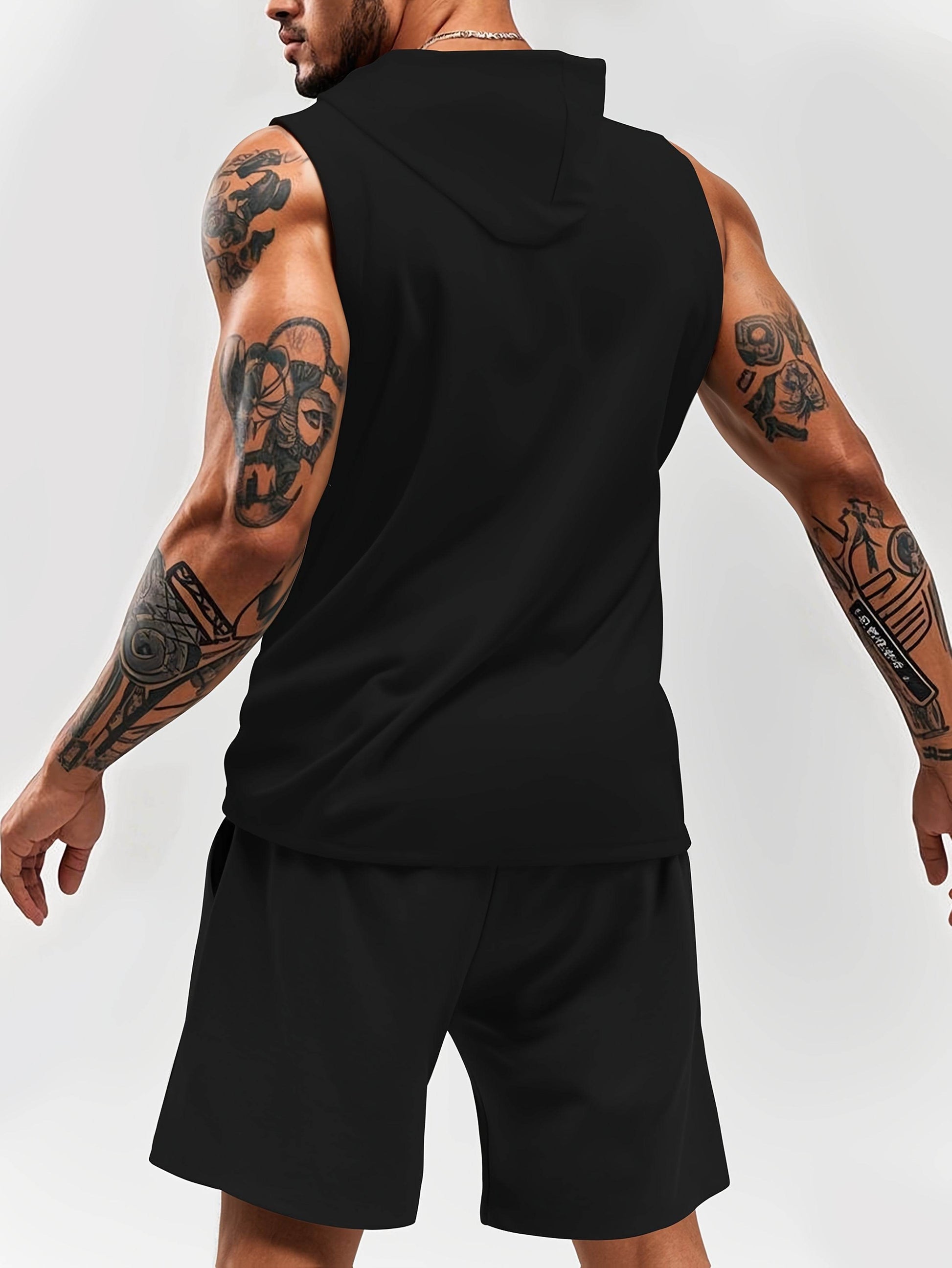 Black Sleeveless Hoodie & Shorts Set - White Bird Print, Casual Outdoor Wear - Buy Center US