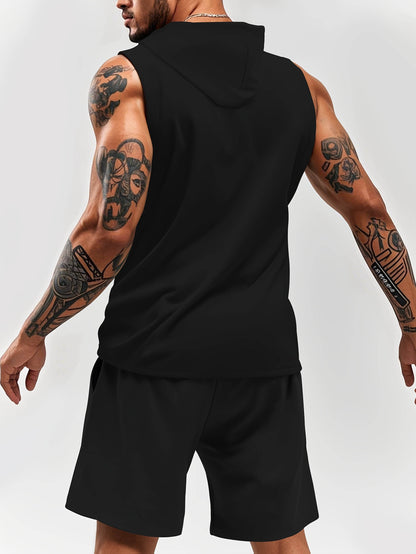 Black Sleeveless Hoodie & Shorts Set - White Bird Print, Casual Outdoor Wear - Buy Center US