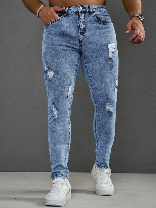 Men's Skinny-Fit Distressed Denim Jeans - Light Blue Ripped Casual Pants - Buy Center US
