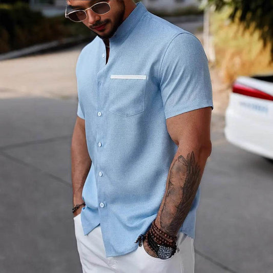 Men's Linen Contrast Color Short Sleeve Shirt - Casual Fit, Multiple Colors - Buy Center US