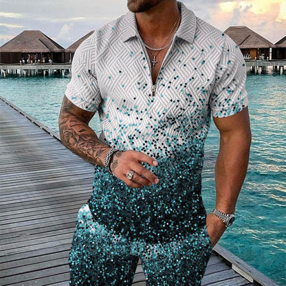 Men's Summer 3D Printed Geometric Shirt Set - Stylish Zip Lapel Design - Buy Center US