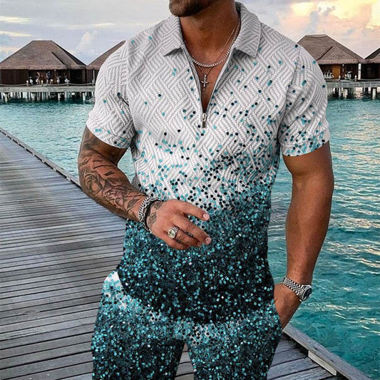 Men's Summer 3D Printed Geometric Shirt Set - Stylish Zip Lapel Design - Buy Center US