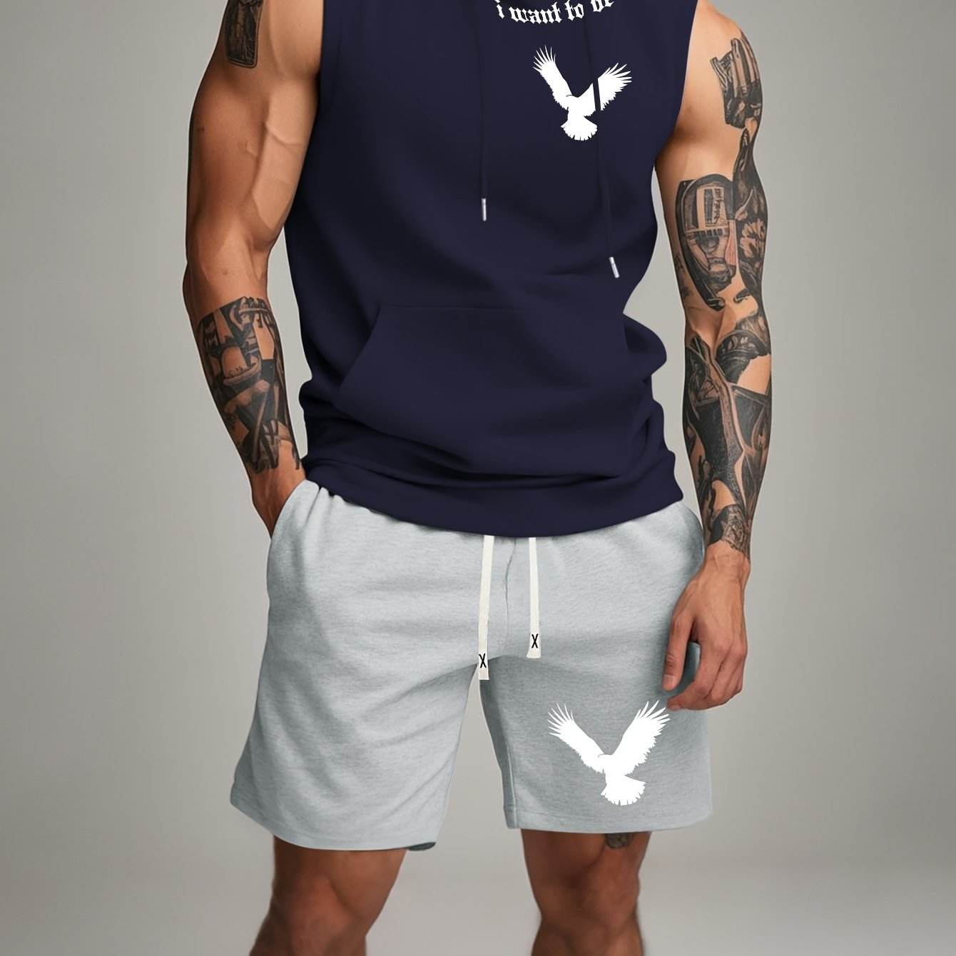 Black Sleeveless Hoodie & Shorts Set - White Bird Print, Casual Outdoor Wear - Buy Center US