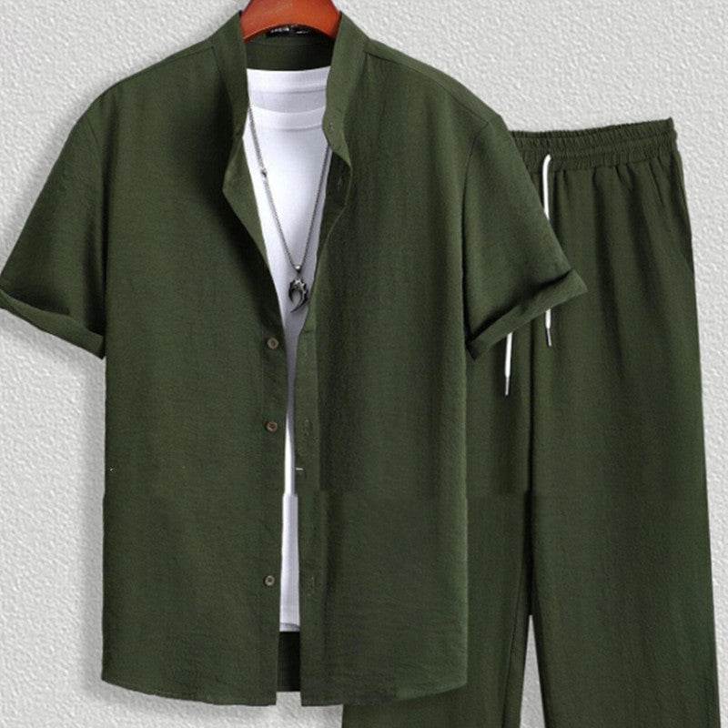 Buycenter Men's Short Sleeve Cardigan Suit - Casual Cotton Shirt & Pants - Buy Center US