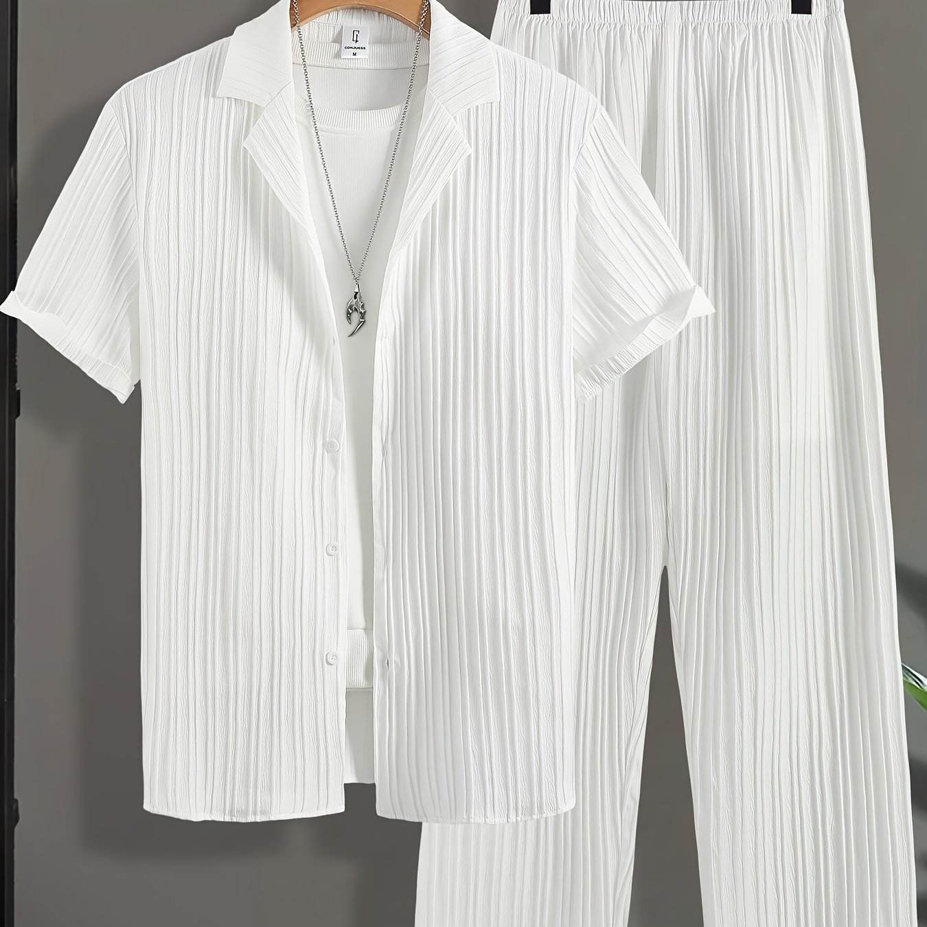 Men's Casual Plaid Suit Set - Short Sleeve Lapel Shirt & Pants - Buy Center US