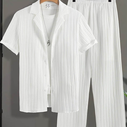 Men's Casual Plaid Suit Set - Short Sleeve Lapel Shirt & Pants - Buy Center US