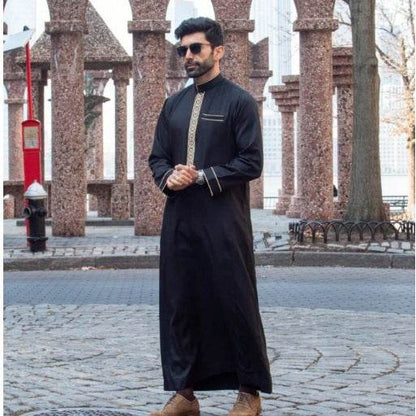 Buycenter Men's Long Sleeve Casual Ethnic Robe - Embroidered Plaid Design - Buy Center US