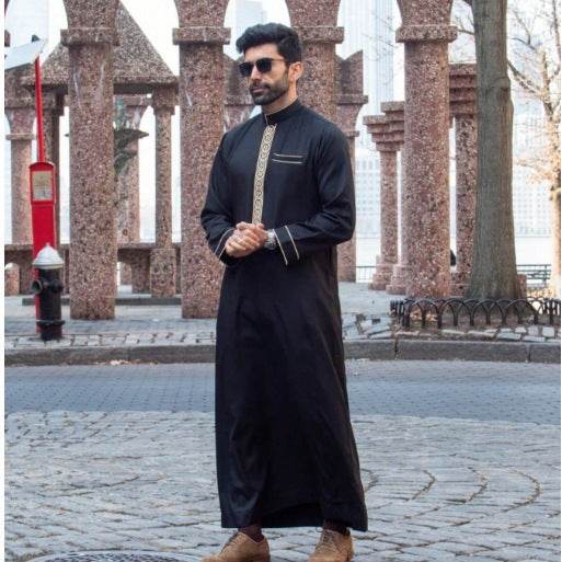 Buycenter Men's Long Sleeve Casual Ethnic Robe - Embroidered Plaid Design - Buy Center US