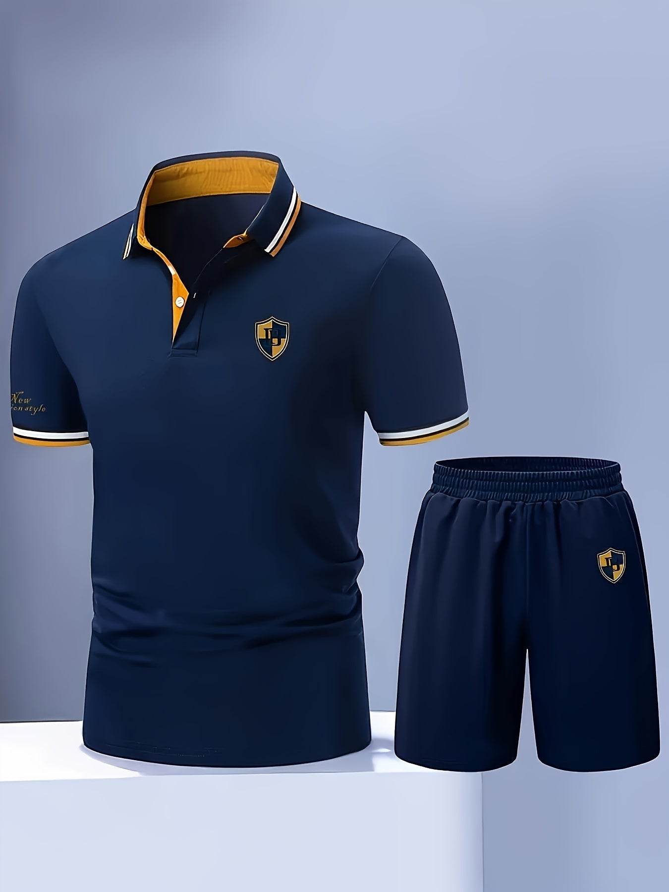 Men’s 2pcs Casual Summer Outfit - Striped Polo & Elastic Waist Shorts - Buy Center US