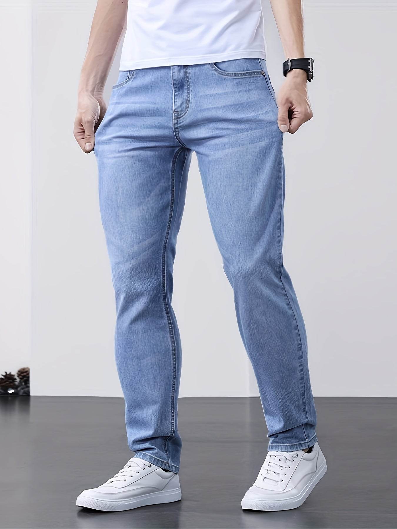 Men's Classic Blue Jeans - Lightweight Stretch Denim, Slim Fit Design - Buy Center US